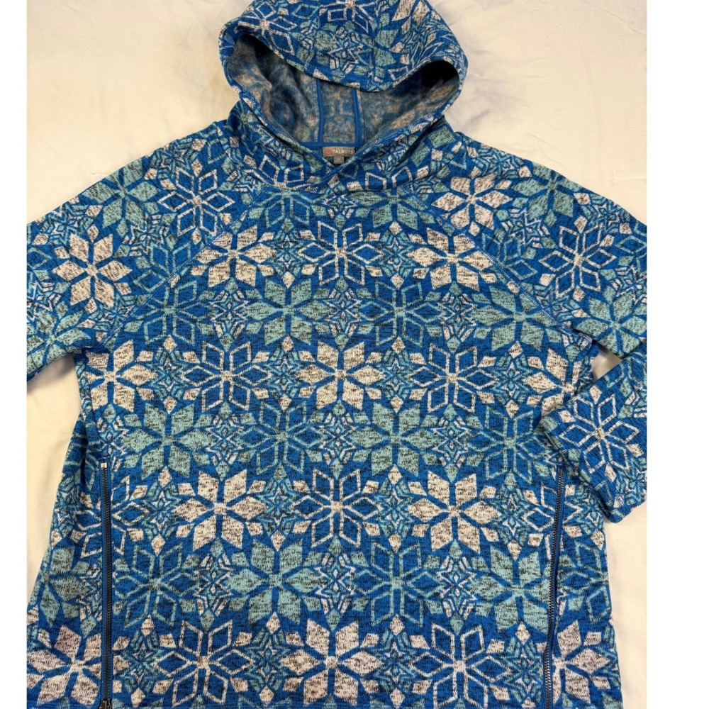 Talbots T by Talbots Blue Snowflake Knit Hoodie Side Zip Pullover XL Womens